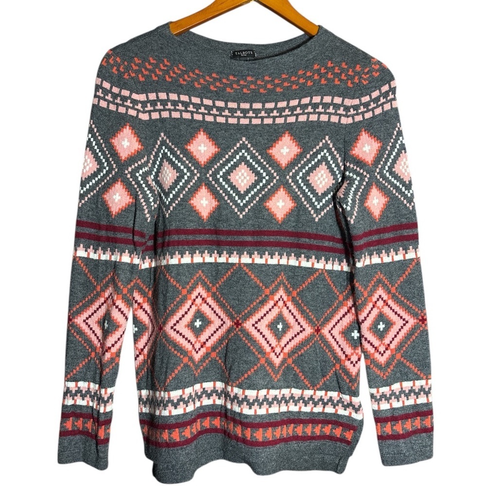 Talbot's Womens Aztec Argyle Sweater Lambswool Nylon Blend Pullover Size SP